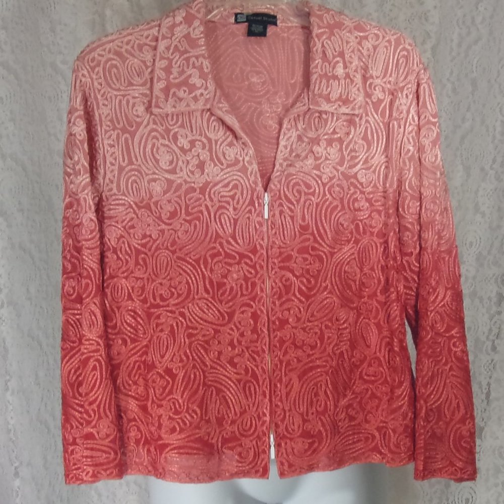 Casual Studio Dipped Dyed Zip Jacket Coral Peach Allover Soutache Braid Design